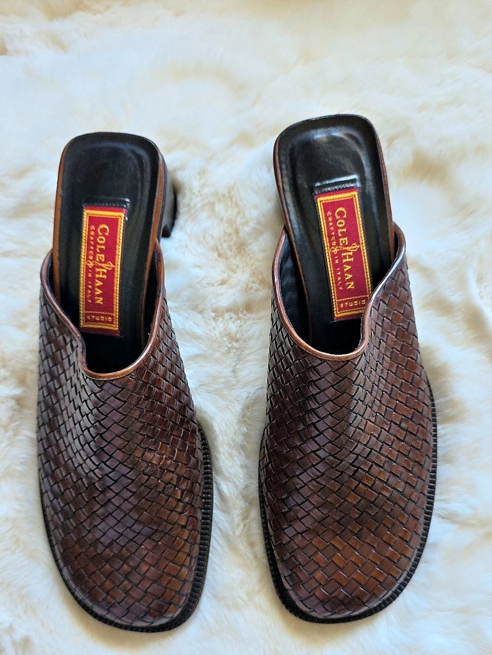 Vintage Cole Haan Woven Leather Mules Brown Sturdy Thick Heels US 8